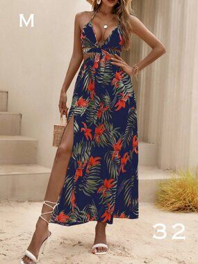 SHEIN Navy Maxi Dress with red Floral Accents Shein Size M, New No Tag
